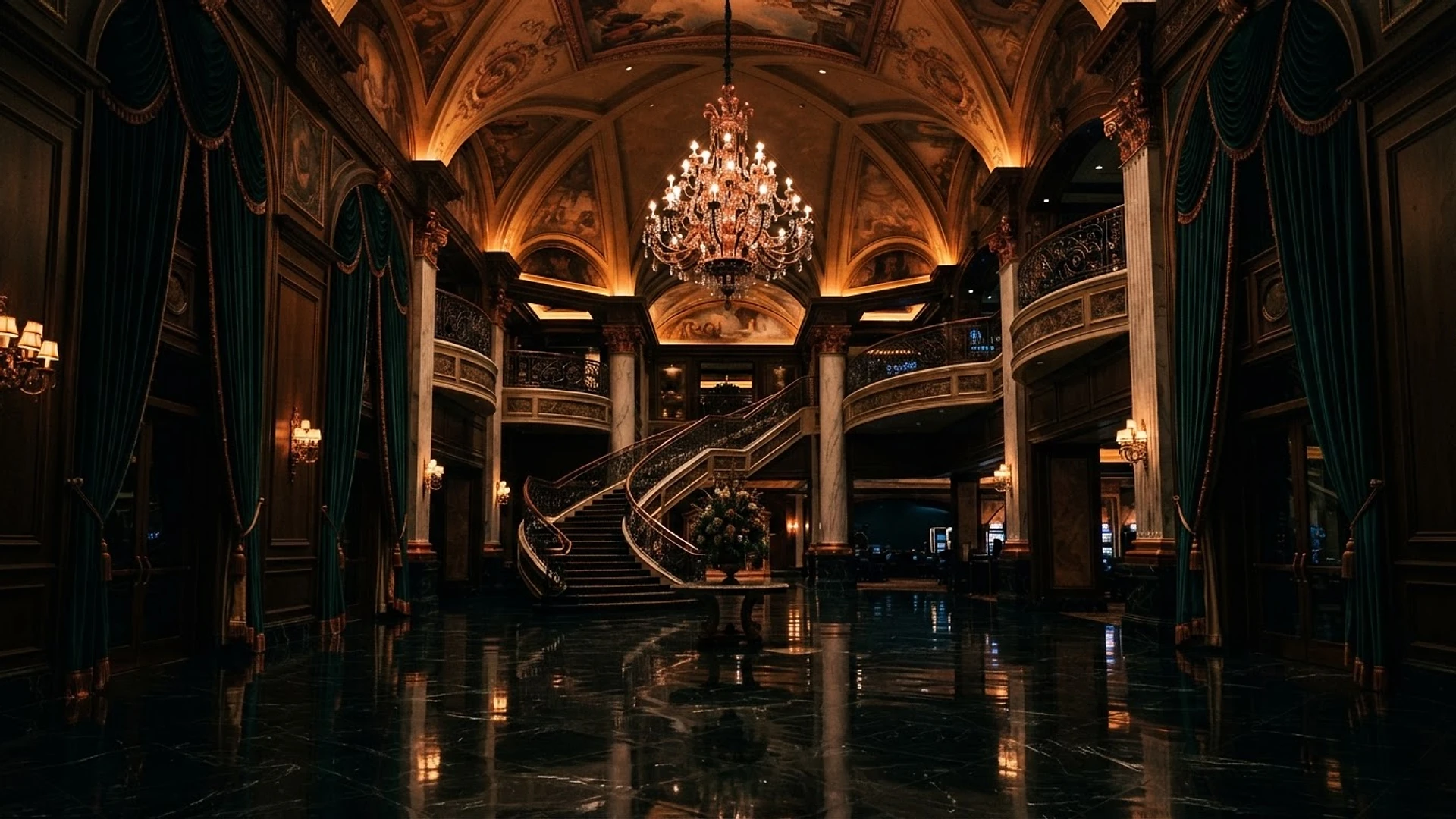 The grand casino hotel lobby atrium of Lenvoropy Hotel at night